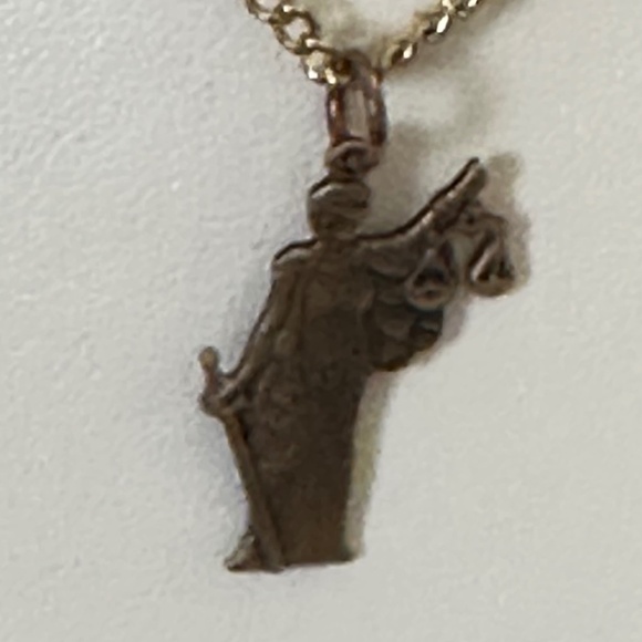 2/$20 Lady Justice, gold tone pendant & chain. 18” long. Lobster clasp. - Picture 5 of 14